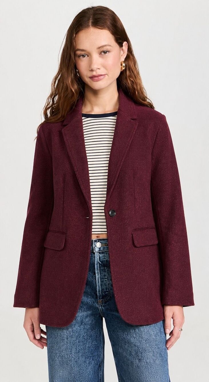 Alex Mill Burgundy Wool Blend Tailored One-Button Blazer Jacket, Lrg $365